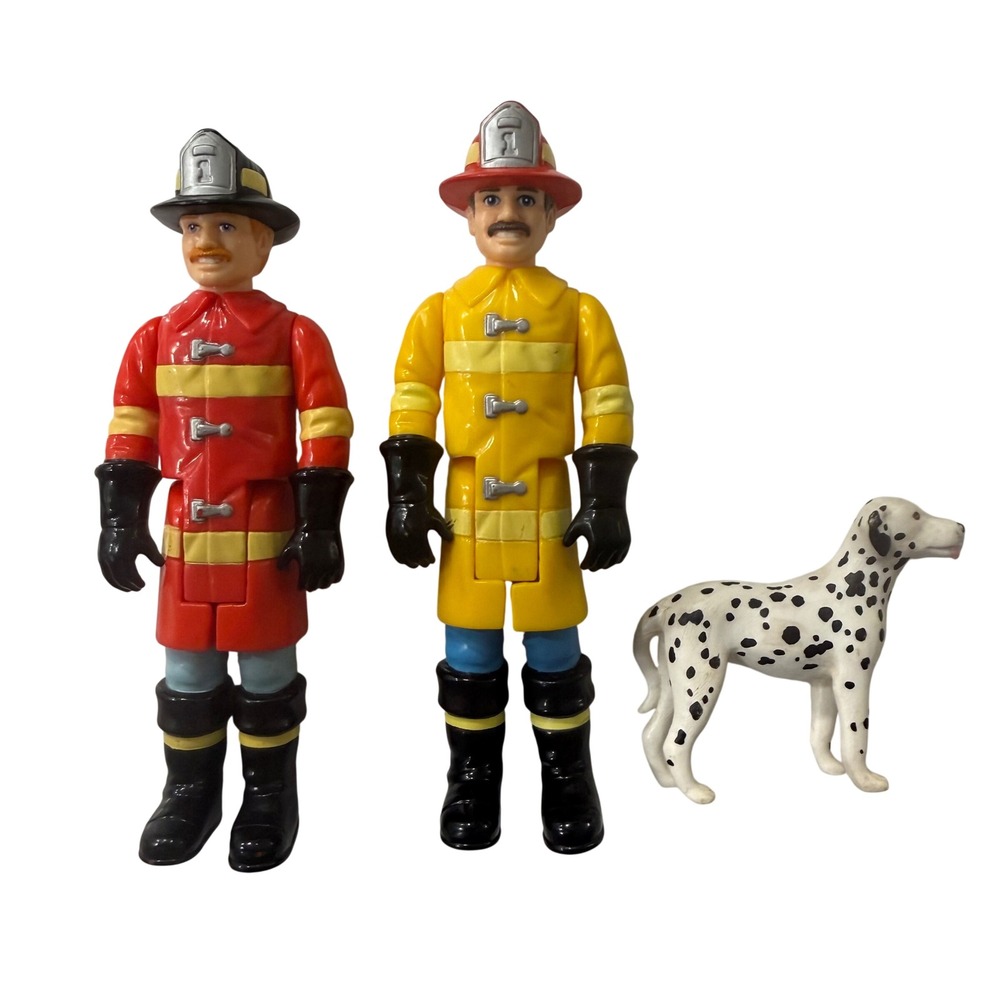 Vintage 1991 Playskool Dollhouse Fire Fighter Yellow Red Man Dalmatian Dog pet